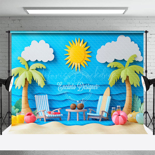 Lofaris Beach Scene Palm And Lounge Chairs Summer Backdrop