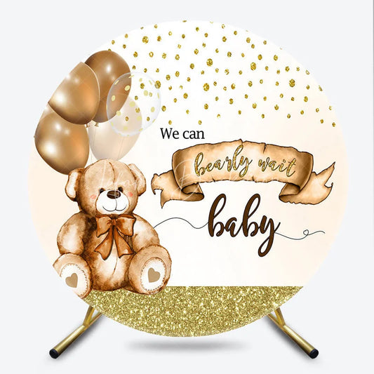 Lofaris Bearly Wait Round Backdrop Cute Teddy Bear and Gold Balloons Baby Shower Background Brown Cream Nursery Decor