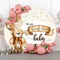 Lofaris Bearly Wait Round Backdrop Cute Teddy Bear and Gold Balloons Baby Shower Background Brown Cream Nursery Decor