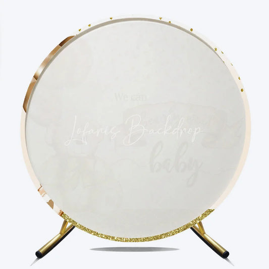 Lofaris Bearly Wait Round Backdrop Cute Teddy Bear and Gold Balloons Baby Shower Background Brown Cream Nursery Decor