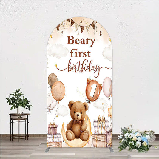 Lofaris Beary First Birthday Arch Backdrop for Boy Boho Teddy Bear on Moon with Balloons We Can Bearly Wait Party Decor