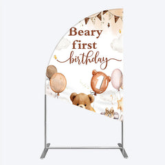 Lofaris Beary First Birthday Half Moon Arch Backdrop for Boy Boho Teddy Bear on with Balloons We Can Bearly Wait Party Decor