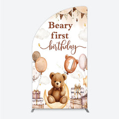 Lofaris Beary First Birthday Half Moon Arch Backdrop for Boy Boho Teddy Bear on with Balloons We Can Bearly Wait Party Decor