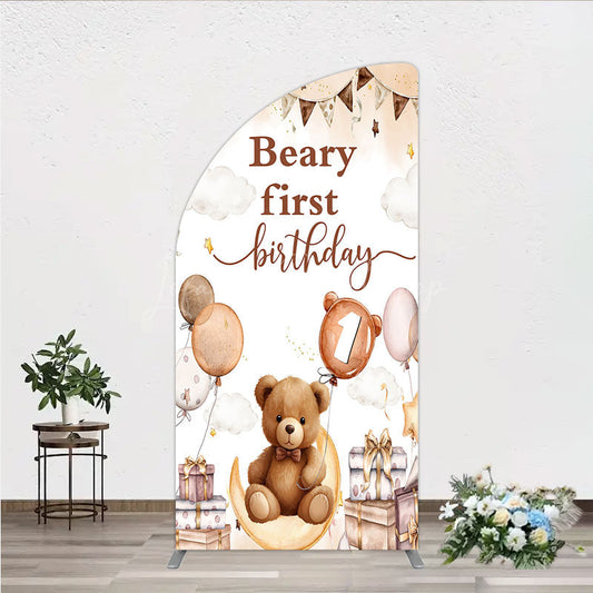Lofaris Beary First Birthday Half Moon Arch Backdrop for Boy Boho Teddy Bear on with Balloons We Can Bearly Wait Party Decor