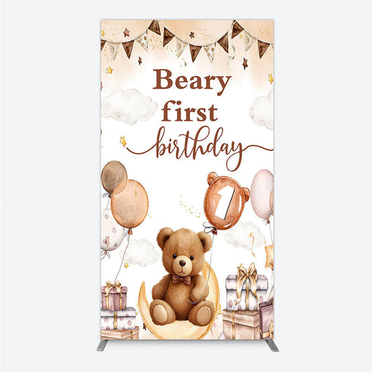 Lofaris Beary First Birthday Rectangle Backdrop for Boy Boho Teddy Bear on Moon with Balloons We Can Bearly Wait Party Decor