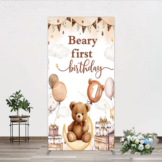 Lofaris Beary First Birthday Rectangle Backdrop for Boy Boho Teddy Bear on Moon with Balloons We Can Bearly Wait Party Decor