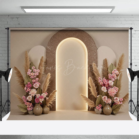 Lofaris Beige Arch Wall Boho Floral Wedding Photo Backdrop