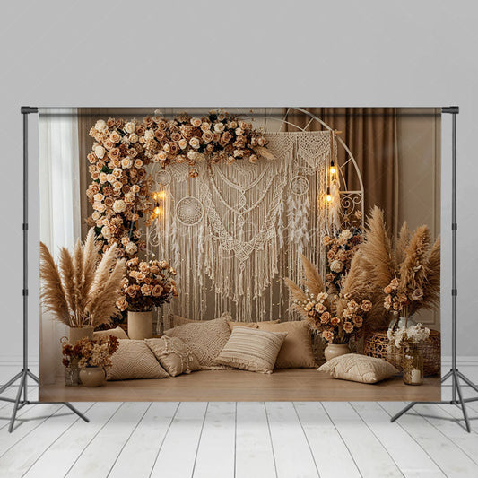 Lofaris Beige Boho Floral Tassel Lighted Photography Backdrop