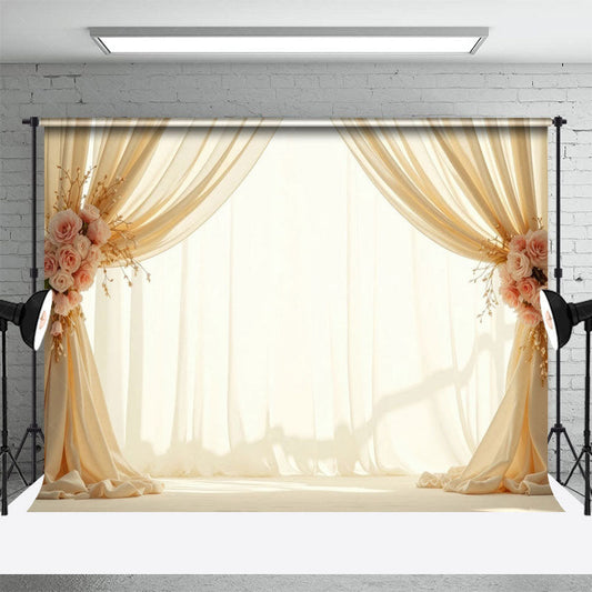 Lofaris Beige Fairy Tulle Pink Rose Wedding Photo Backdrop