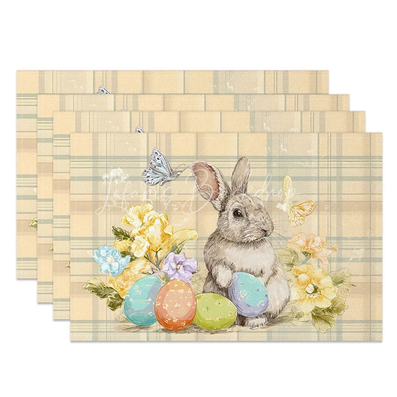 Lofaris Beige Plaid Easter Bunny Set of 4 Placemats Yellow Flower Rabbit Egg Table Mats for Spring
