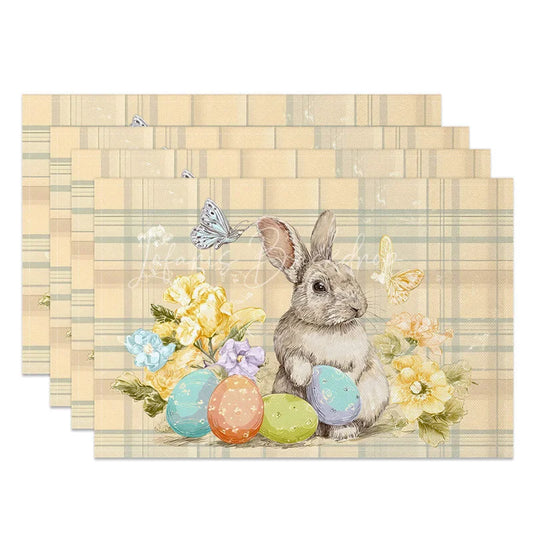 Lofaris Beige Plaid Easter Bunny Set of 4 Placemats Yellow Flower Rabbit Egg Table Mats for Spring