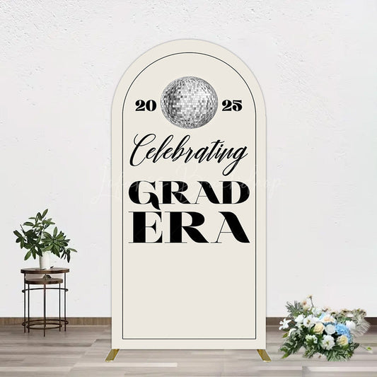 Lofaris Beige Silver Disco Ball Grad Era Party Arch Backdrop