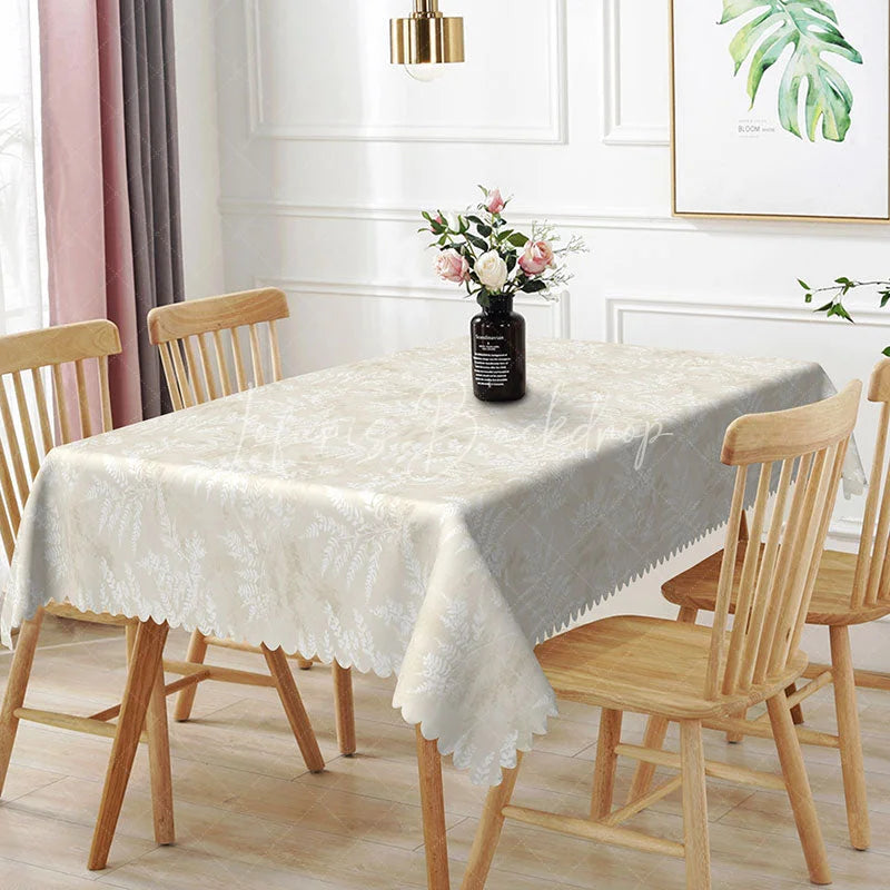 Lofaris Beige White Fern Leaves Rectangle Tablecloth Neutral Botanical Foliage Background Modern Rustic Dining Table Cover Decor