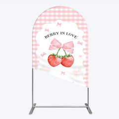 Lofaris Berry In Love Arch Backdrop Pink Gingham Strawberry Bow Background Cute Girl Baby Shower Cover Photo Prop
