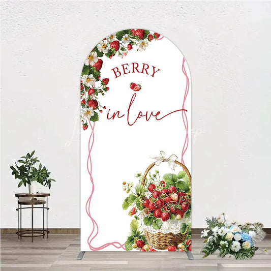 Lofaris Berry In Love Arch Backdrop Watercolor Strawberry Basket White Background Sweet Girl Baby Shower Cover Decoration