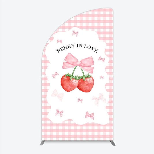 Lofaris Berry In Love Half Moon Arch Backdrop Pink Gingham Strawberry Bow Background Cute Girl Baby Shower Cover Photo Prop