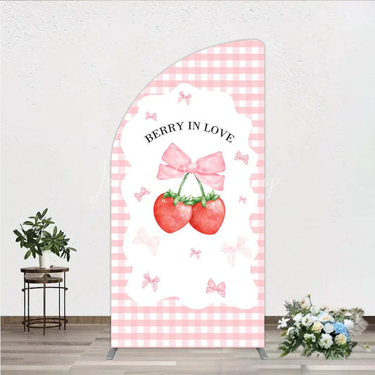 Lofaris Berry In Love Half Moon Arch Backdrop Pink Gingham Strawberry Bow Background Cute Girl Baby Shower Cover Photo Prop