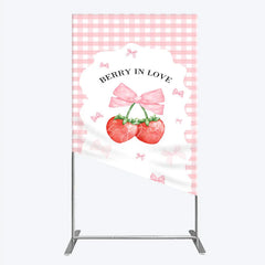 Lofaris Berry In Love Rectangle Backdrop Pink Gingham Strawberry Bow Background Cute Girl Baby Shower Cover Photo Prop