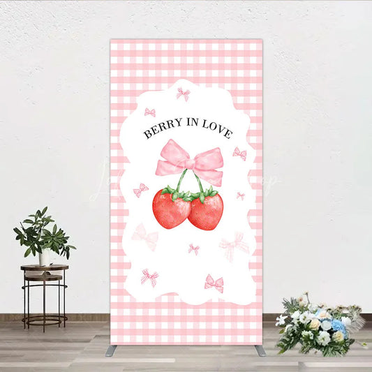 Lofaris Berry In Love Rectangle Backdrop Pink Gingham Strawberry Bow Background Cute Girl Baby Shower Cover Photo Prop