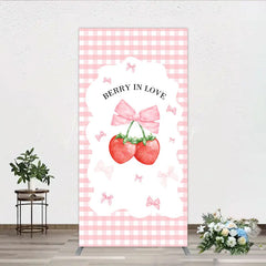 Lofaris Berry In Love Rectangle Backdrop Pink Gingham Strawberry Bow Background Cute Girl Baby Shower Cover Photo Prop