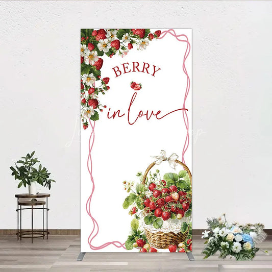 Lofaris Berry In Love Rectangle Backdrop Watercolor Strawberry Basket White Background Sweet Girl Baby Shower Cover Decoration