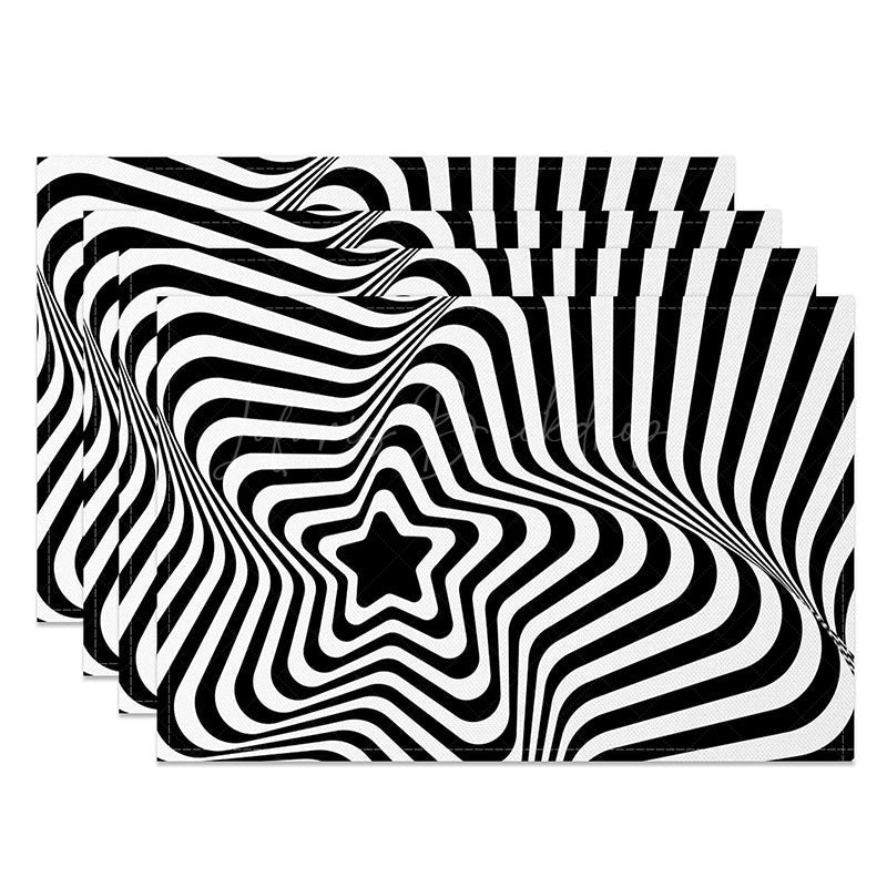 Lofaris Black Abstract Optical Illusion Star Set of 4 Placemats Modern Geometric Design for Contemporary Dining