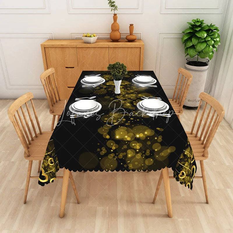 Lofaris Black and Gold Bokeh Heart Rectangle Tablecloth Glitter Light Spot Love Table Cover Romantic Dinner Anniversary Decor
