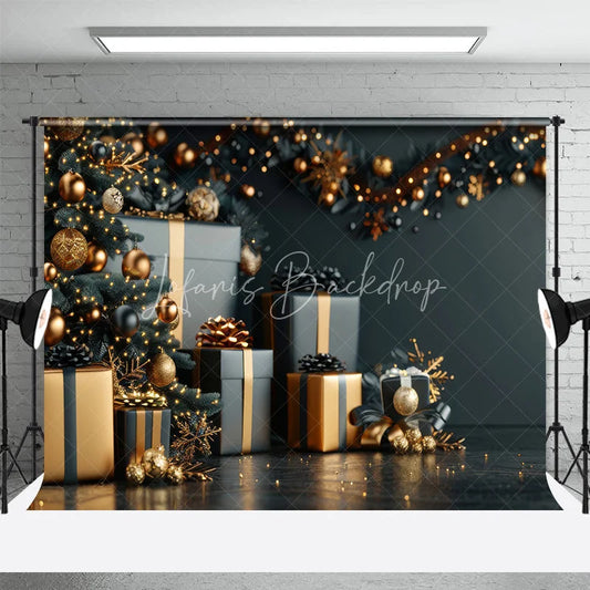 Lofaris Black and Gold Christmas Backdrop Luxury Tree Gift Box Photography Background Elegant Dark Winter Holiday Party Banner