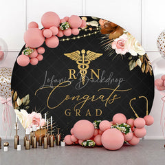 Lofaris Black and Gold Congrats Grad RN Round Backdrop with Stethoscope Elegant Floral Decor for Nurse Graduation Party