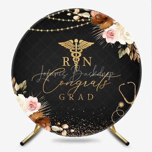 Lofaris Black and Gold Congrats Grad RN Round Backdrop with Stethoscope Elegant Floral Decor for Nurse Graduation Party