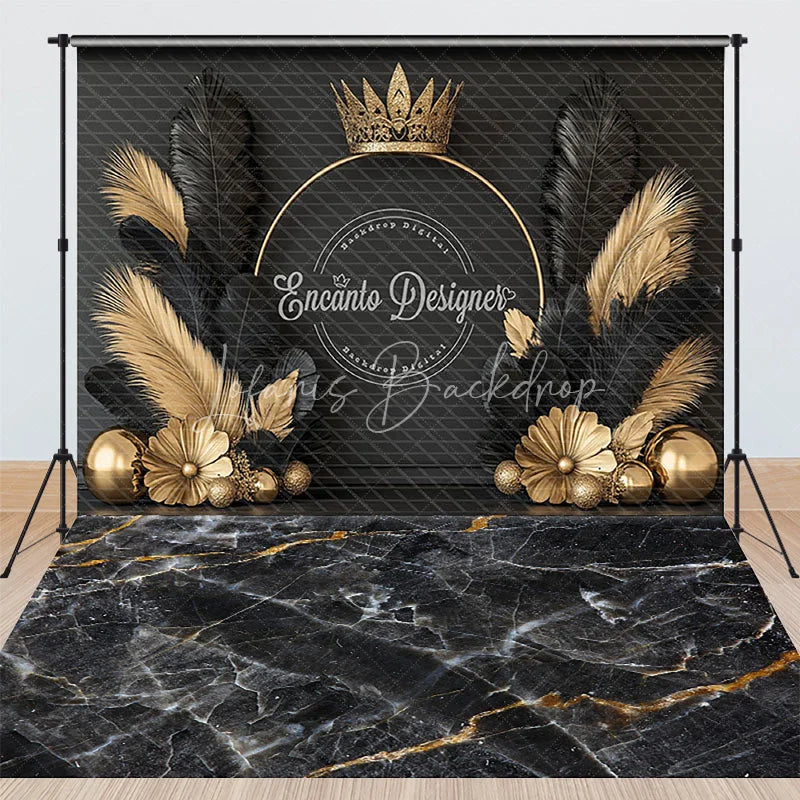 Lofaris Black and Gold Crown Combo Set Backdrop Elegant Feathers Marble Floor Photography Studio Background