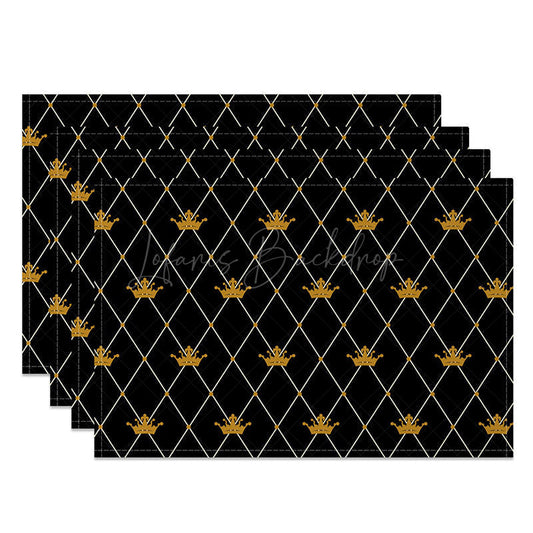 Lofaris Black and Gold Crown Placemats Set of 4 Elegant Repeating Pattern for Royal Themed Party Events