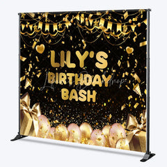 Lofaris Black and Gold Custom Birthday Backdrop with Confetti Balloons Gift Boxes for a Personalized Celebration