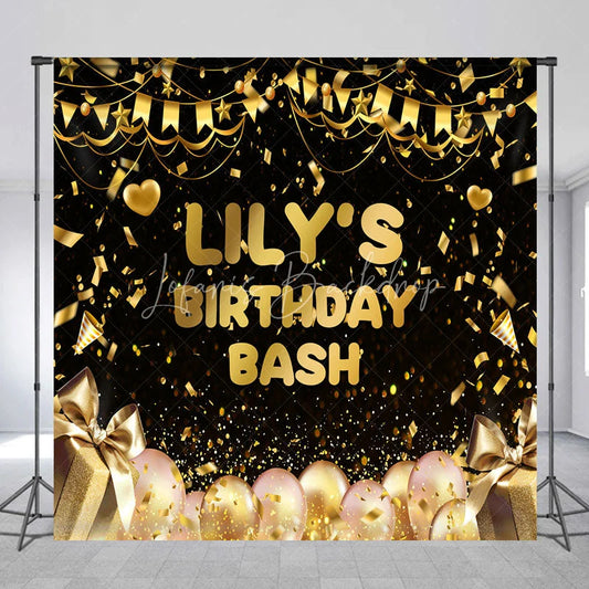 Lofaris Black and Gold Custom Birthday Backdrop with Confetti Balloons Gift Boxes for a Personalized Celebration