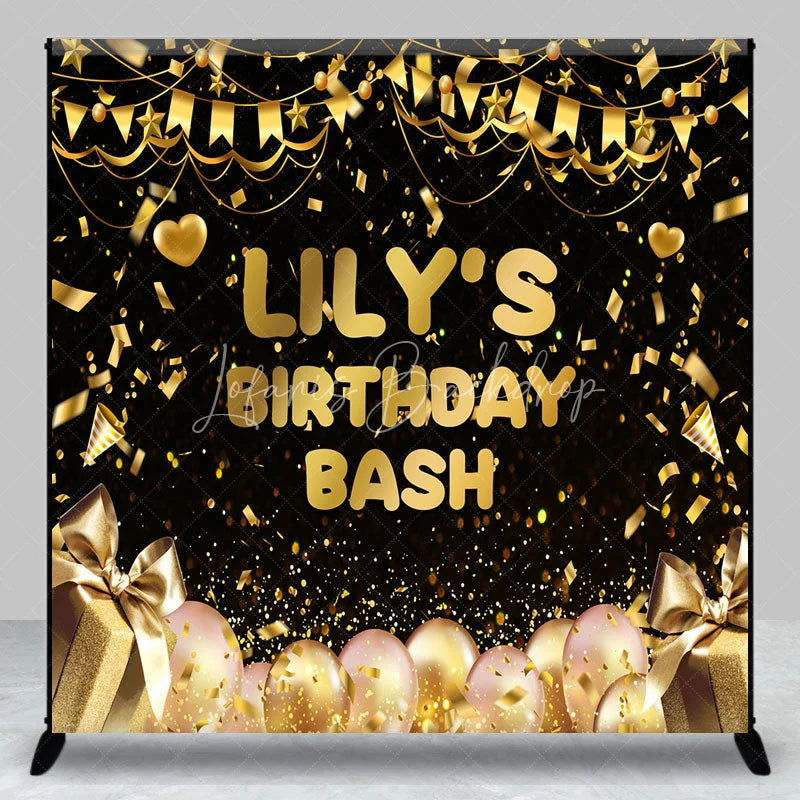 Lofaris Black and Gold Custom Birthday Backdrop with Confetti Balloons Gift Boxes for a Personalized Celebration