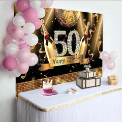 Lofaris Black and Gold Glitter 50th Birthday Backdrop with Diamond Numbers Elegant Champagne Disco Ball Party Decor