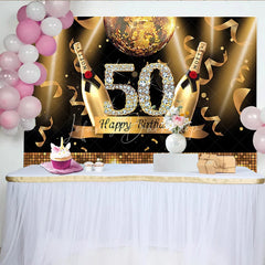 Lofaris Black and Gold Glitter 50th Birthday Backdrop with Diamond Numbers Elegant Champagne Disco Ball Party Decor