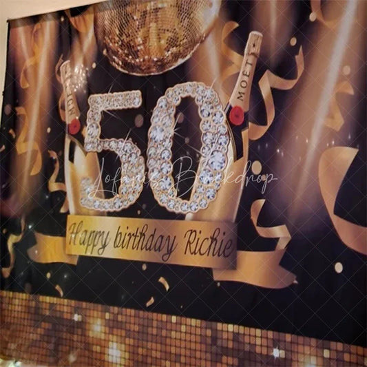 Lofaris Black and Gold Glitter 50th Birthday Backdrop with Diamond Numbers Elegant Champagne Disco Ball Party Decor