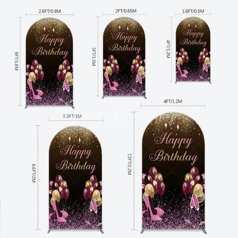 Lofaris Black and Gold Glitter Arch Backdrop High Heels Champagne Birthday Party Decor Pink Balloon Theme Background for Women
