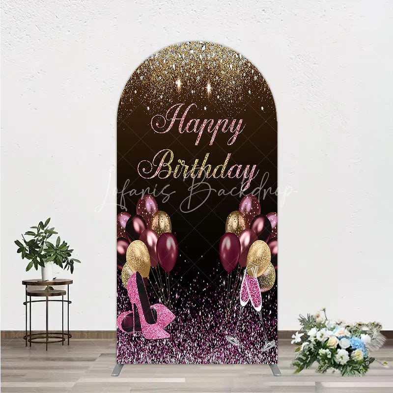 Lofaris Black and Gold Glitter Arch Backdrop High Heels Champagne Birthday Party Decor Pink Balloon Theme Background for Women