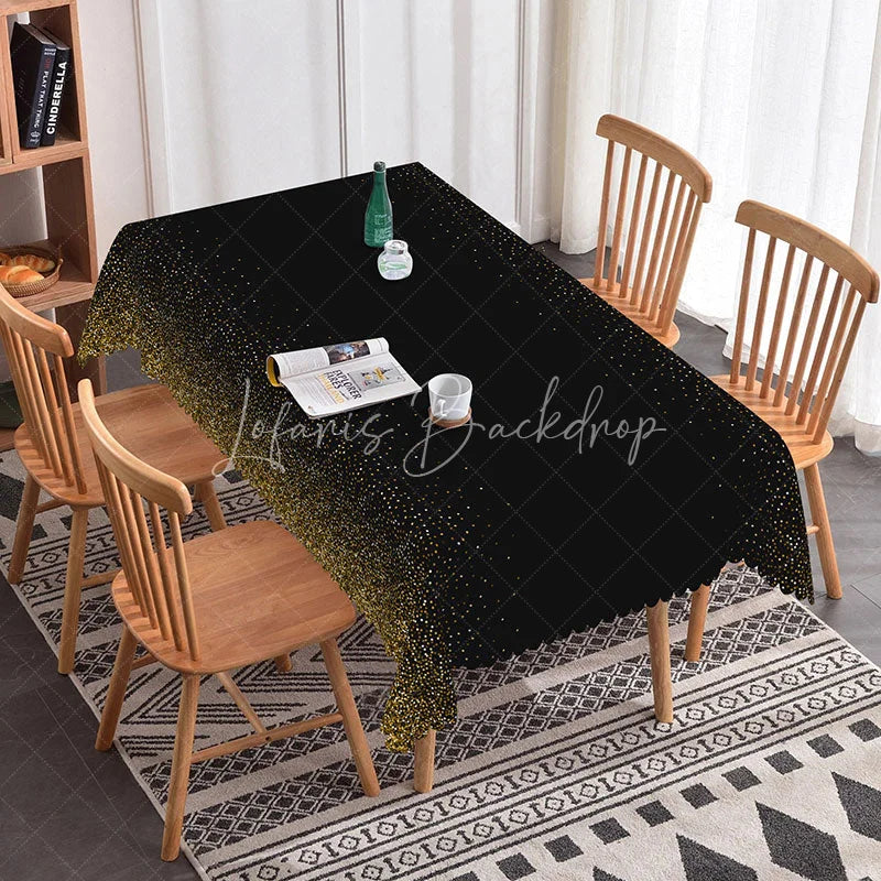 Lofaris Black and Gold Glitter Gradient Rectangle Tablecloth with Scalloped Edge Elegant Party Celebration Decor