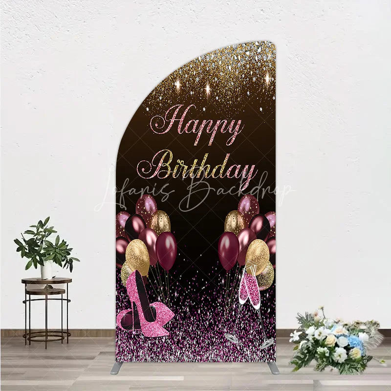 Lofaris Black and Gold Glitter Half Moon Arch Backdrop High Heels Champagne Birthday Party Decor Pink Balloon Theme Background for Women