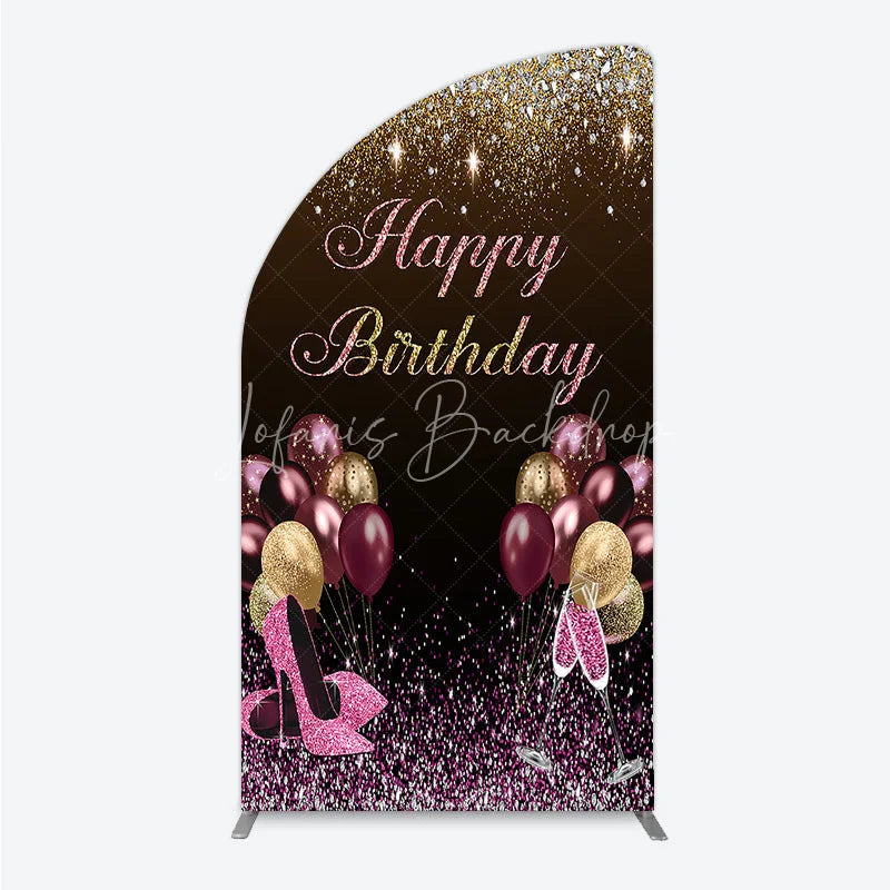 Lofaris Black and Gold Glitter Half Moon Arch Backdrop High Heels Champagne Birthday Party Decor Pink Balloon Theme Background for Women