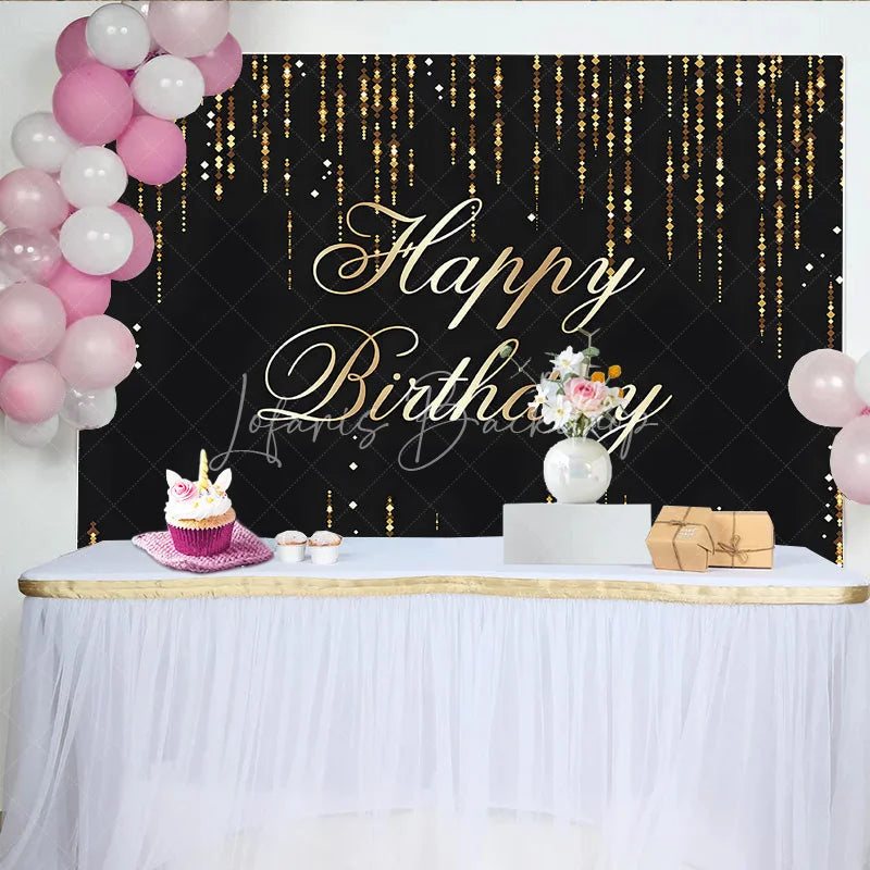 Lofaris Black and Gold Glitter Happy Birthday Backdrop Shining Sequin Rain Photography Background