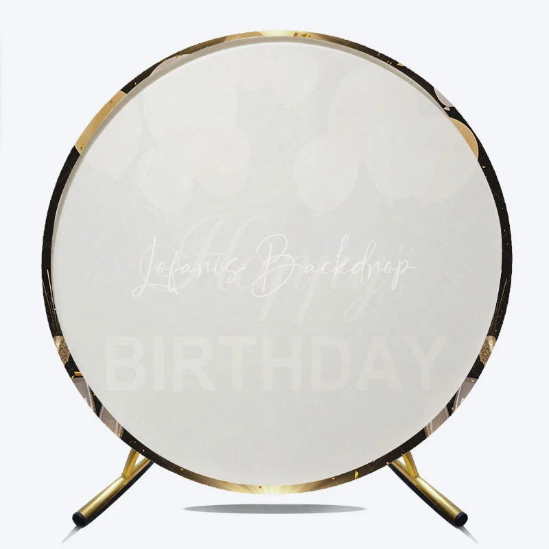 Lofaris Black and Gold Happy Birthday Round Backdrop with Balloons Confetti Elegant Champagne Celebration Party Decor