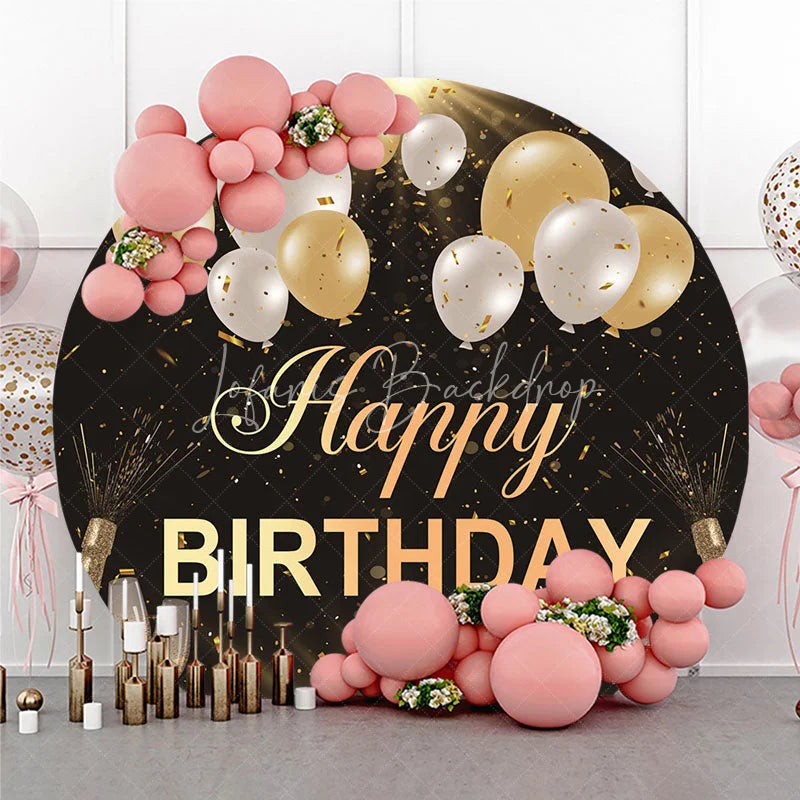 Lofaris Black and Gold Happy Birthday Round Backdrop with Balloons Confetti Elegant Champagne Celebration Party Decor