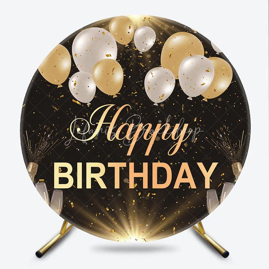 Lofaris Black and Gold Happy Birthday Round Backdrop with Balloons Confetti Elegant Champagne Celebration Party Decor