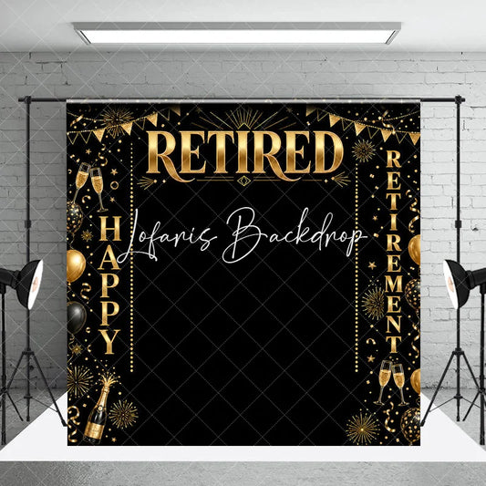 Lofaris Black and Gold Happy Retirement Celebration Holiday Backdrop Elegant Party Decor with Balloons Champagne