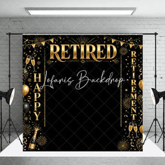 Lofaris Black and Gold Happy Retirement Celebration Holiday Backdrop Elegant Party Decor with Balloons Champagne