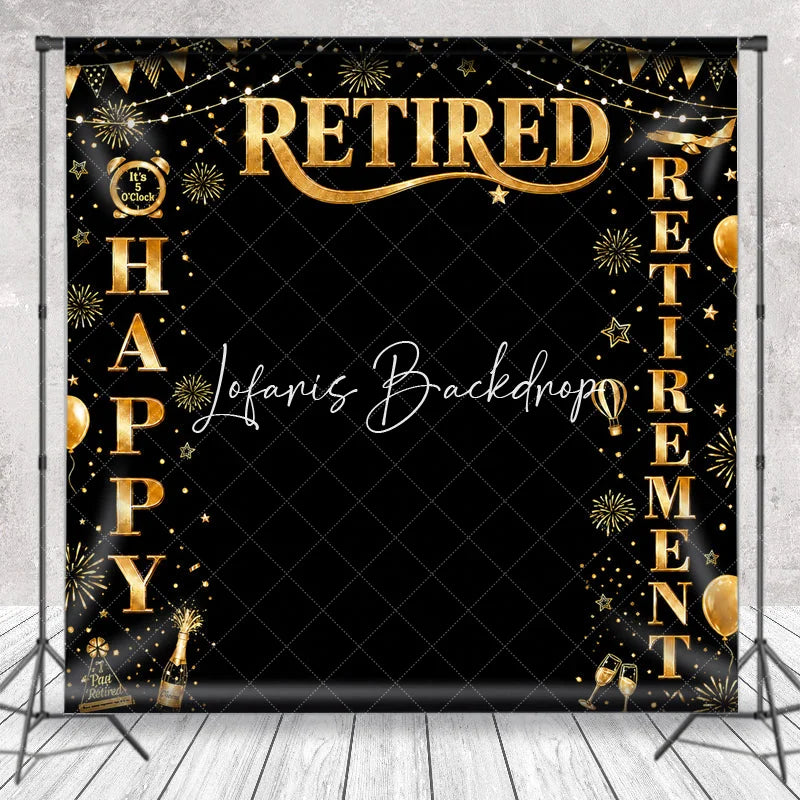 Lofaris Black and Gold Happy Retirement Party Holiday Backdrop with Fireworks Champagne Elegant Celebration Decor